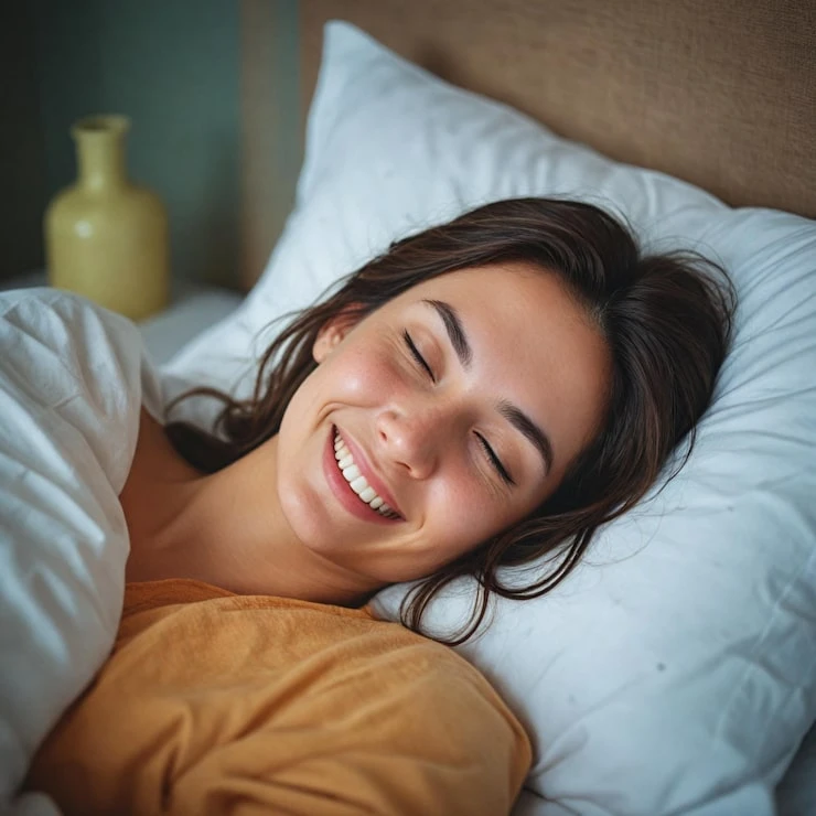 woman-is-laying-bed-with-pillow-word-smile